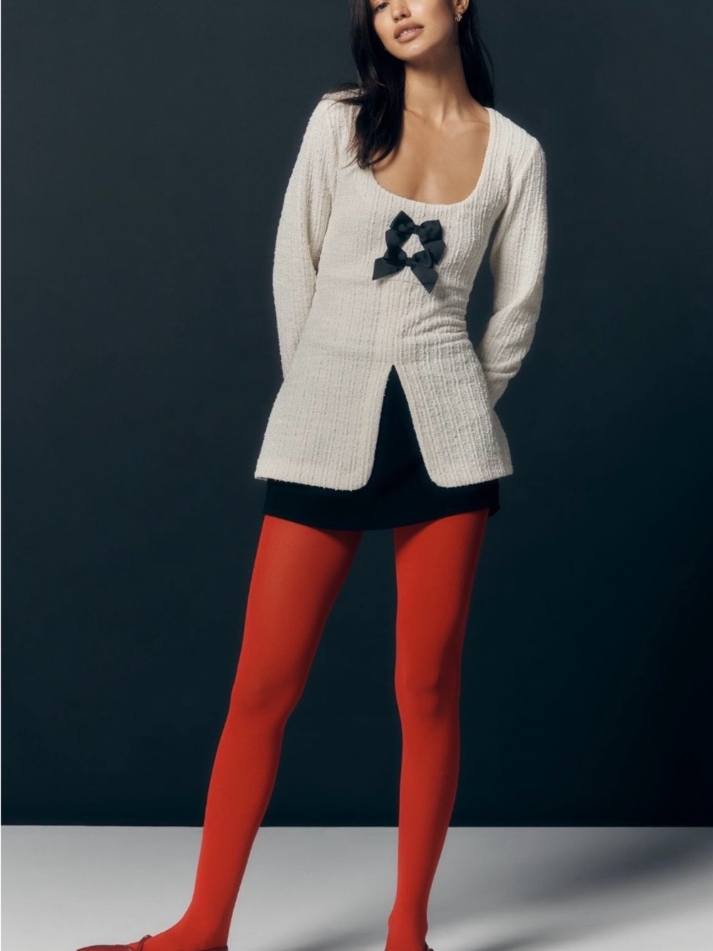 NEW Anthropologie Maeve Double-Bow Long-Sleeve Scooped Split-Front Top MEDIUM